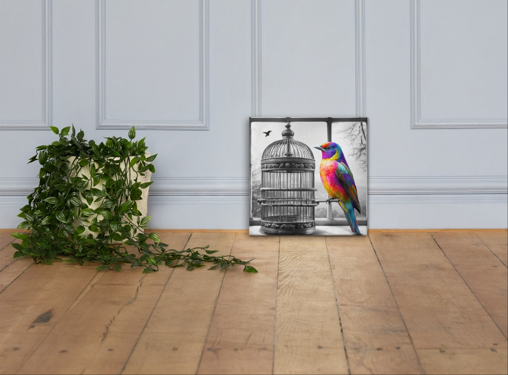 Freedom Bird Canvas Art - Colorful Bird on Black and White Cage