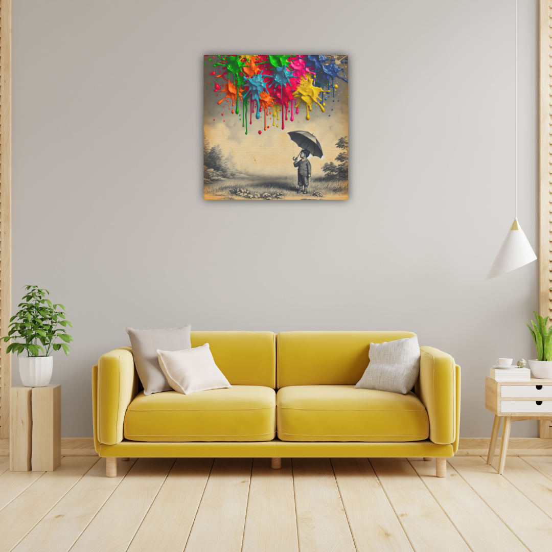 Colorful Imagination Canvas Art - Child with Umbrella and Paint Splashes