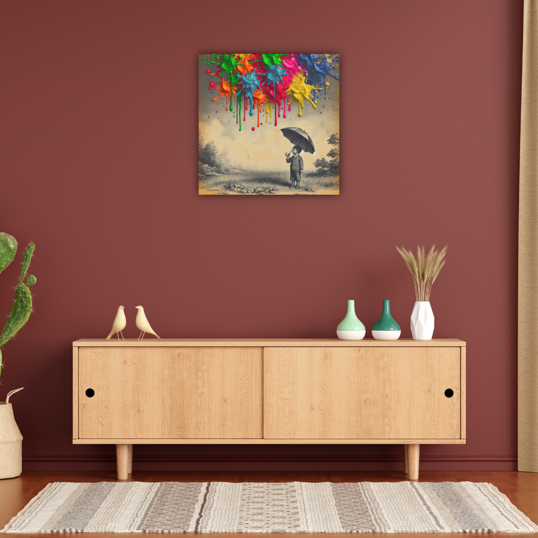 Colorful Imagination Canvas Art - Child with Umbrella and Paint Splashes