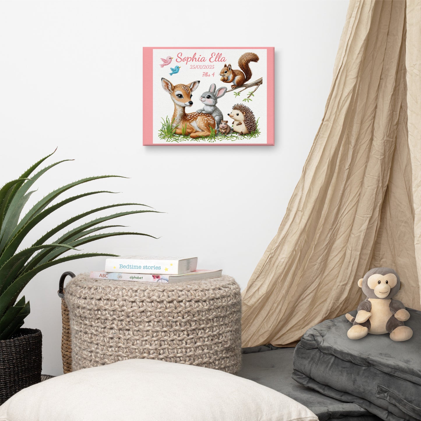 Personalized Baby Birth Announcement Canvas - Custom Name, Date of Birth, and Weight - Choice of Border Colour