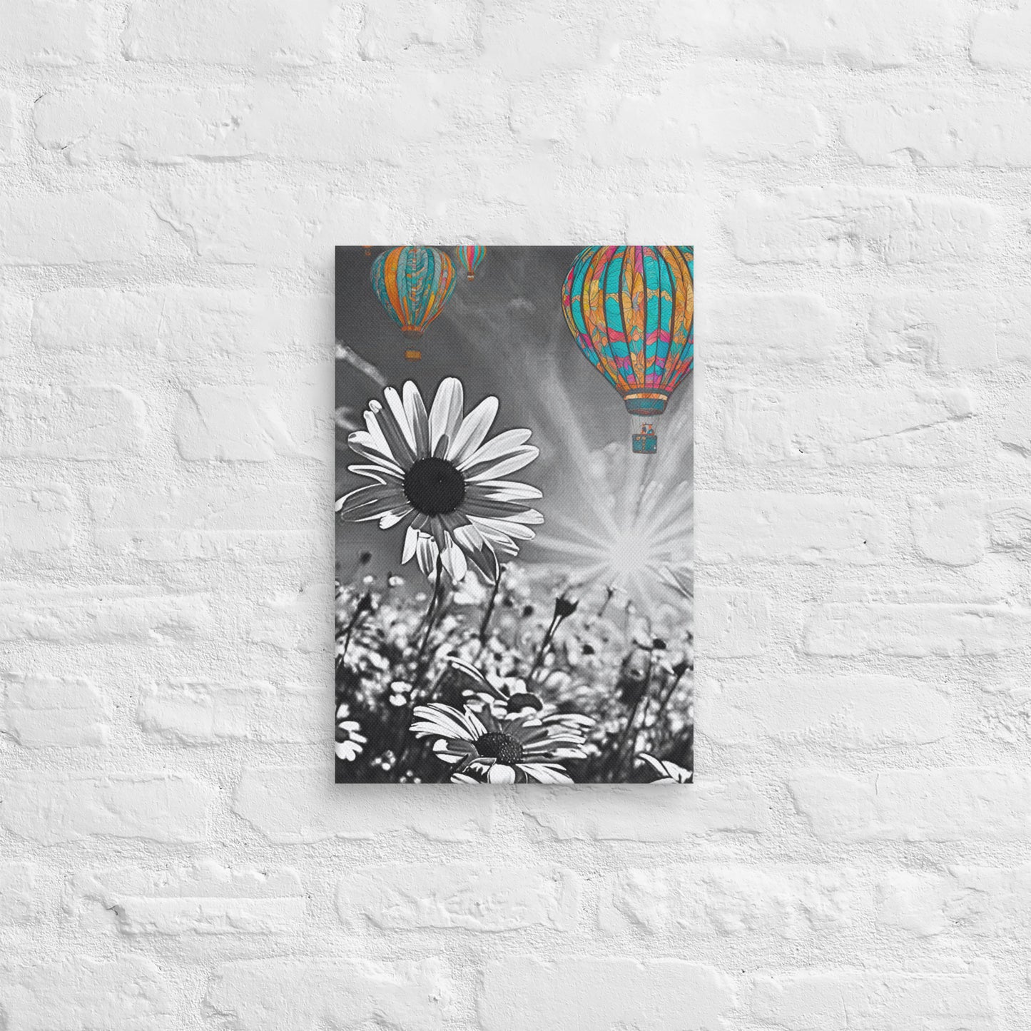 Hot Air Balloon Daisy Field Canvas Art - Black and White with Color Pop