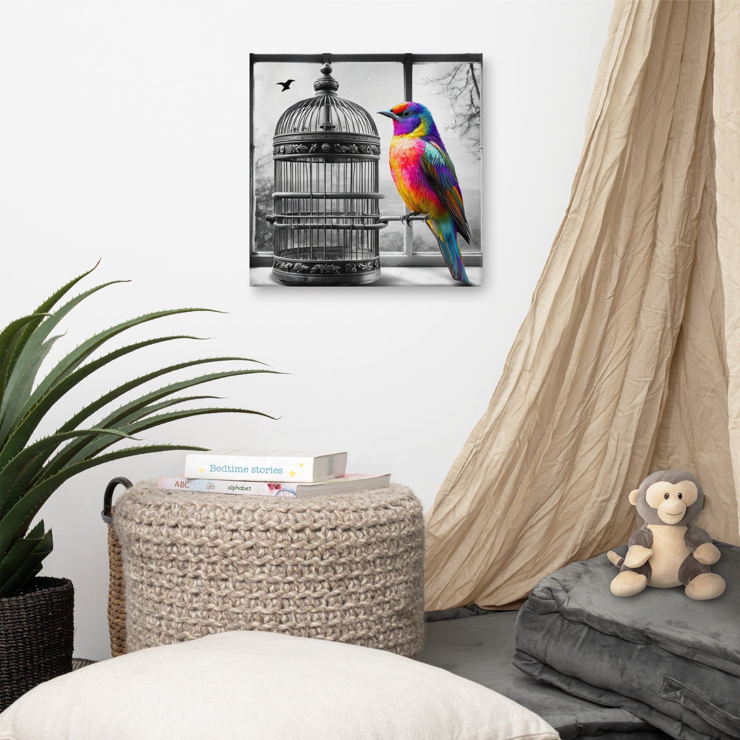 Freedom Bird Canvas Art - Colorful Bird on Black and White Cage