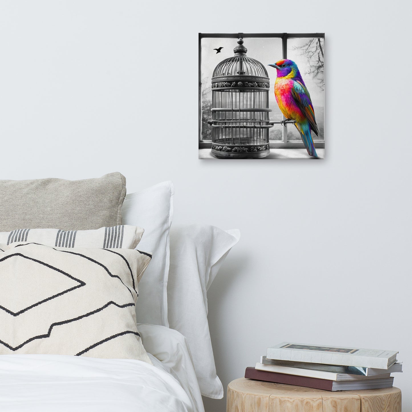 Freedom Bird Canvas Art - Colorful Bird on Black and White Cage