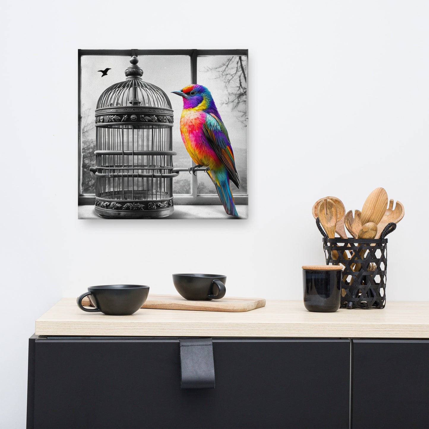 Freedom Bird Canvas Art - Colorful Bird on Black and White Cage