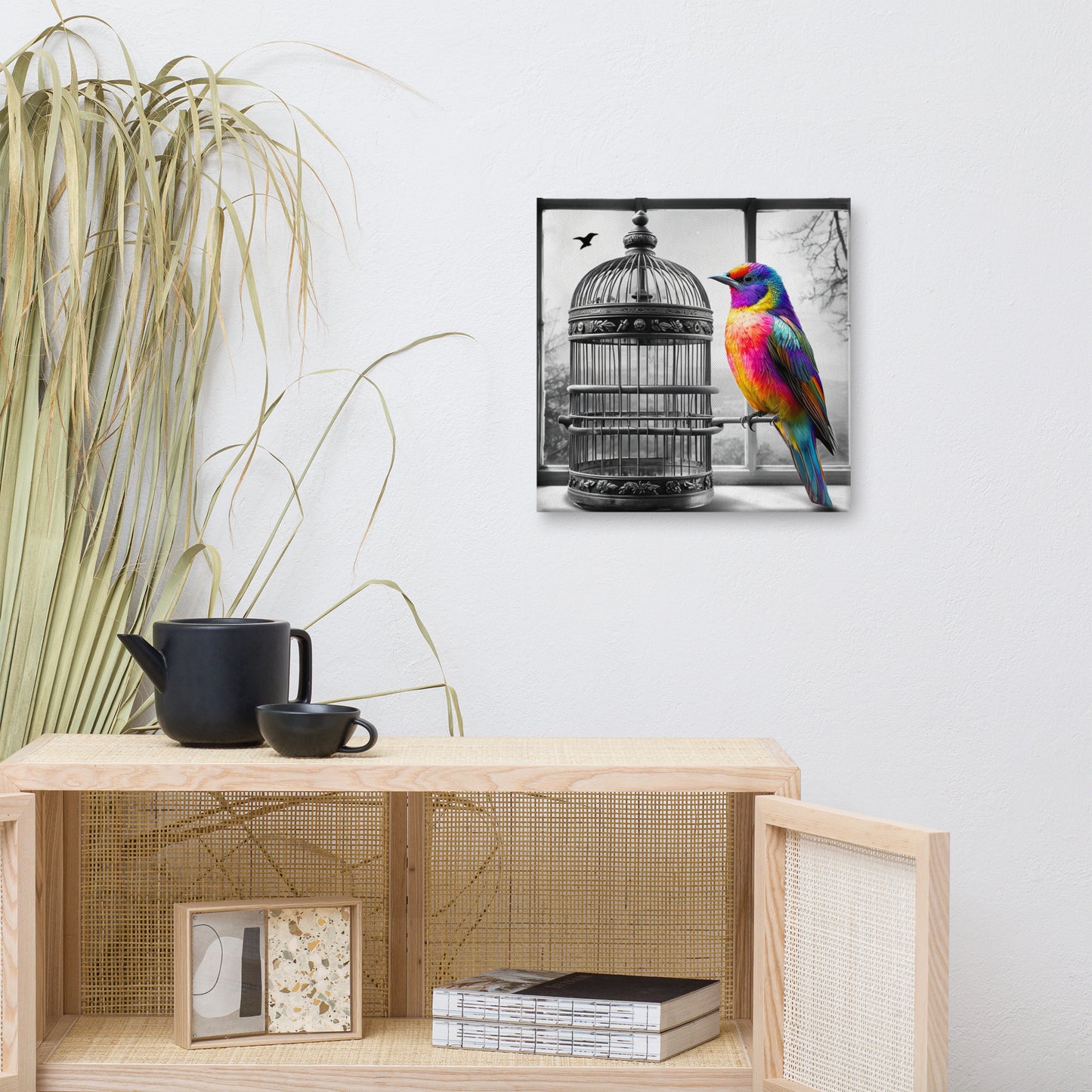 Freedom Bird Canvas Art - Colorful Bird on Black and White Cage