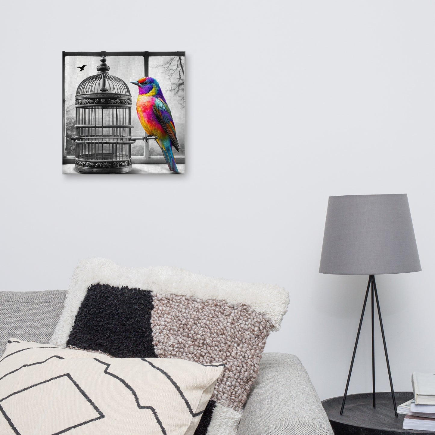 Freedom Bird Canvas Art - Colorful Bird on Black and White Cage