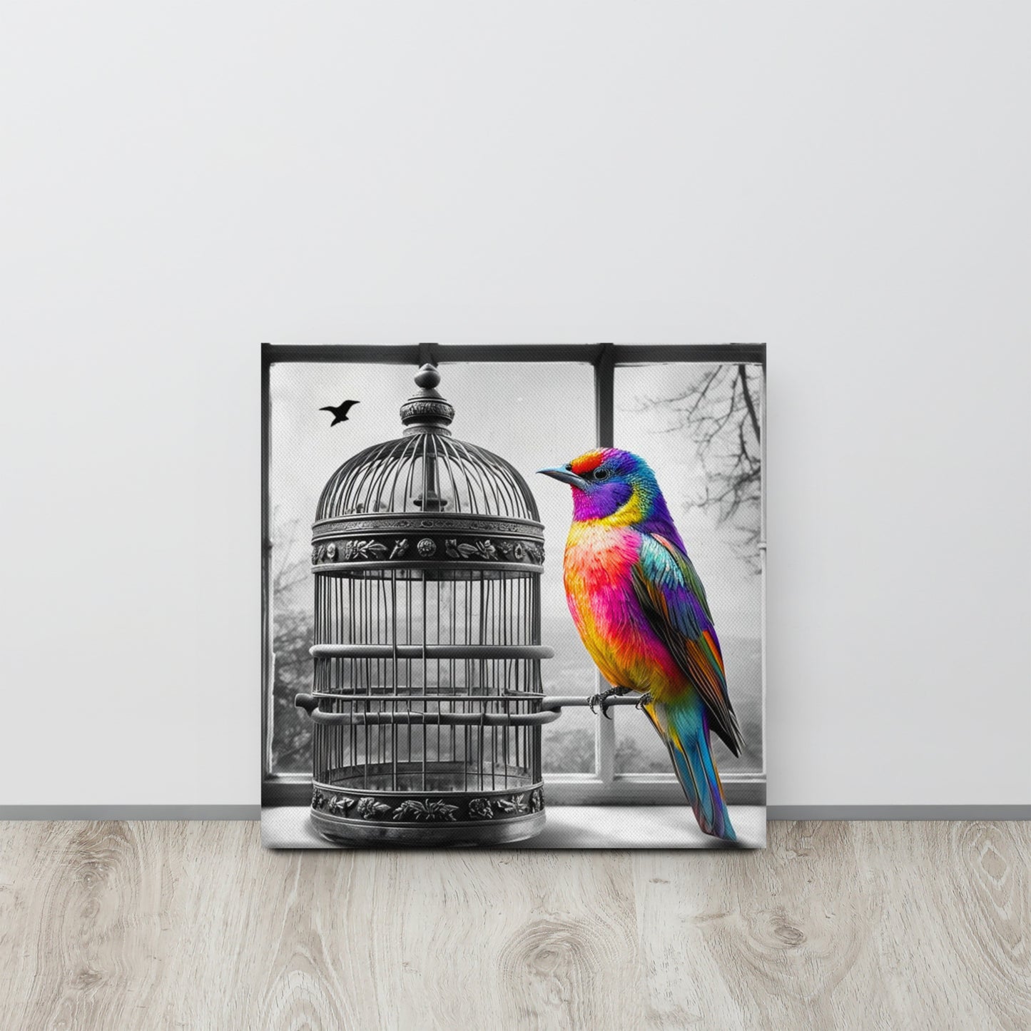 Freedom Bird Canvas Art - Colorful Bird on Black and White Cage