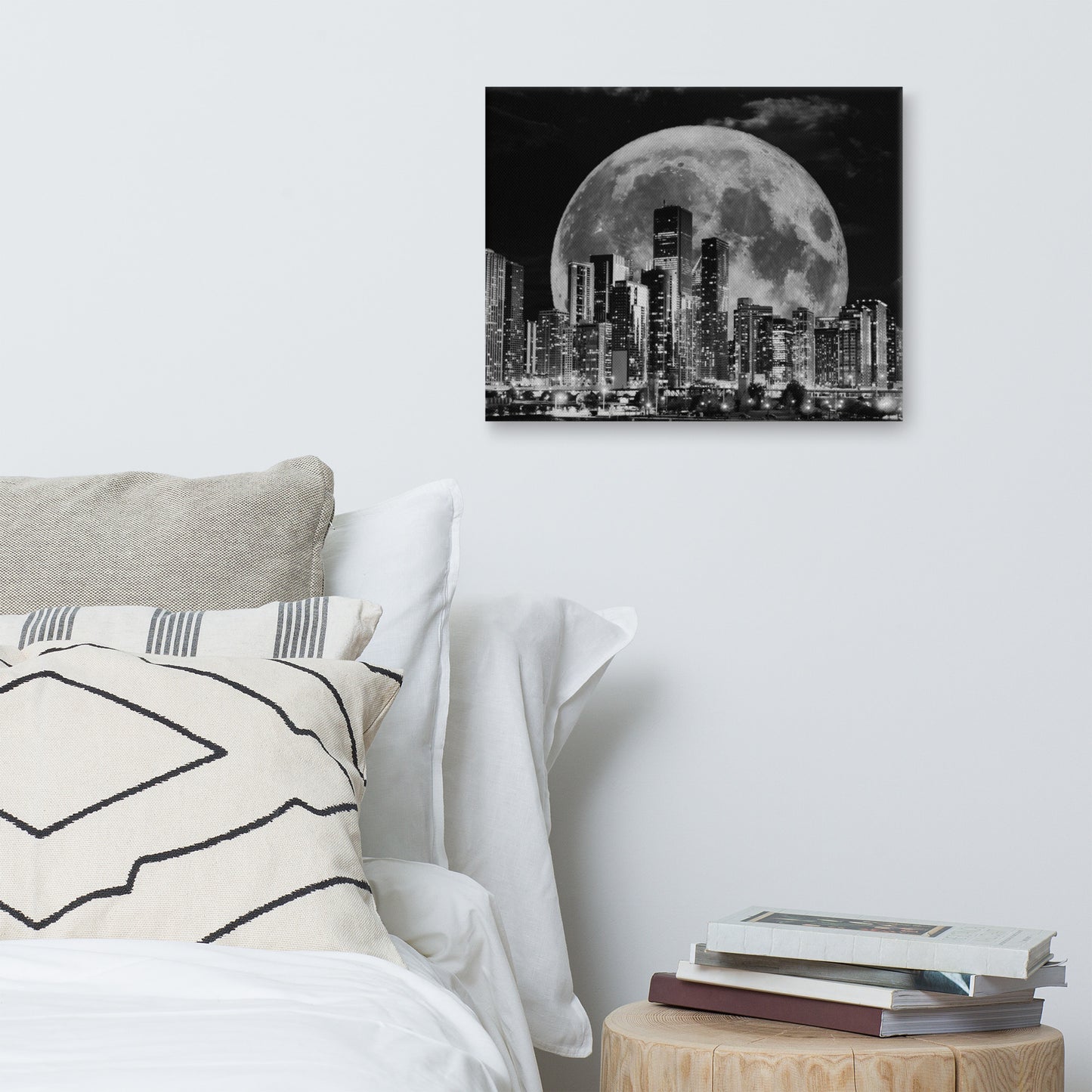 Cityscape Moonlight Canvas Art - Black and White Skyline