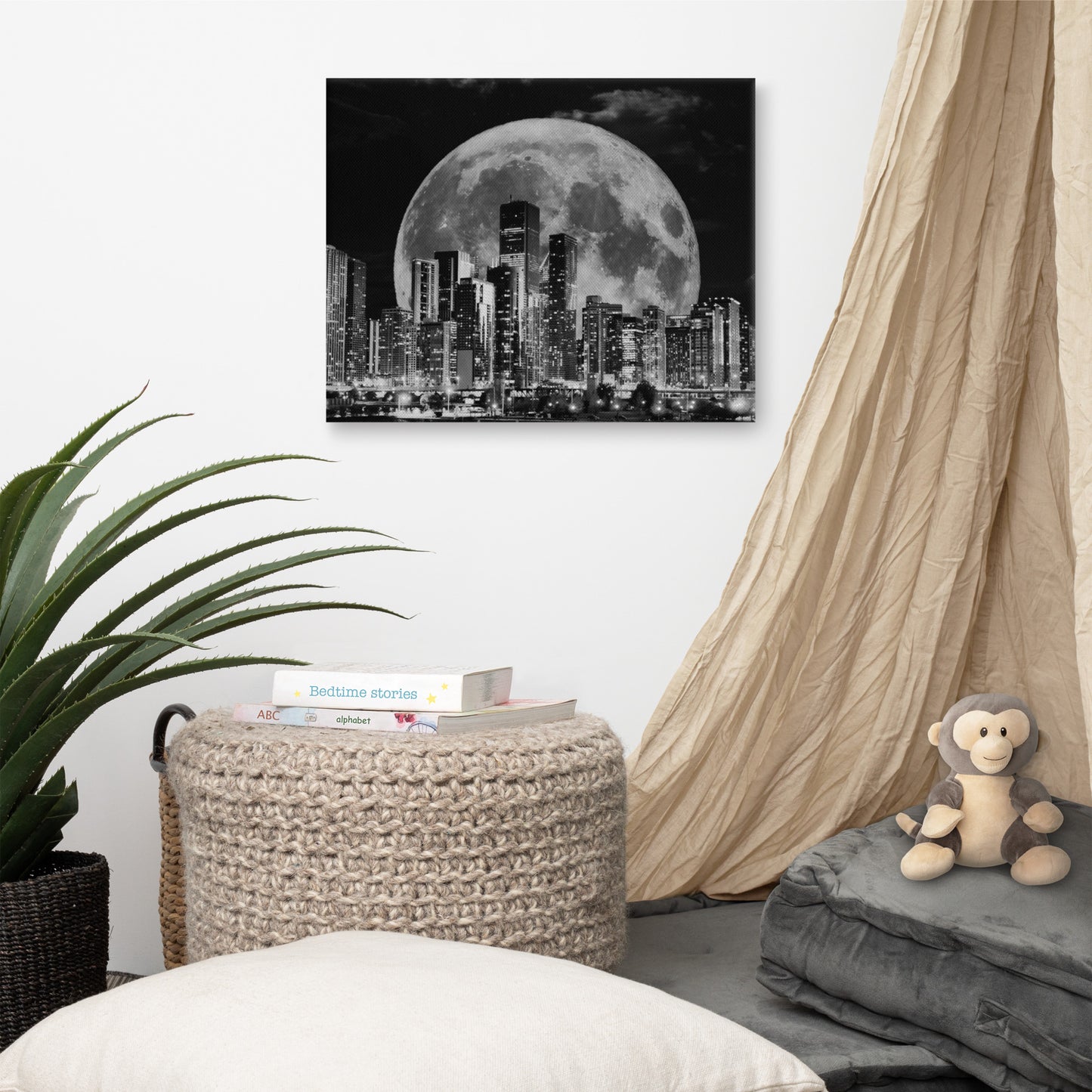 Cityscape Moonlight Canvas Art - Black and White Skyline