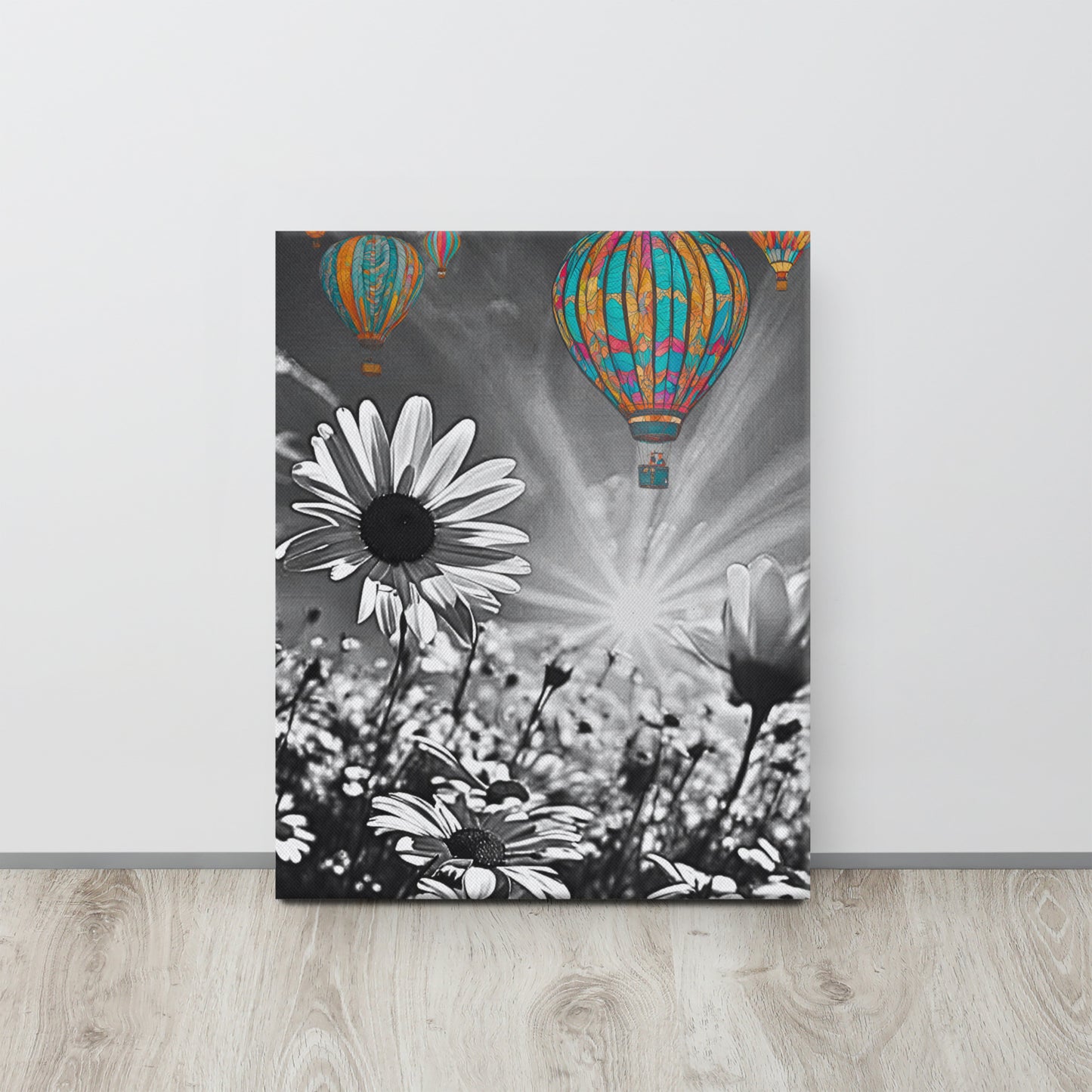 Hot Air Balloon Daisy Field Canvas Art - Black and White with Color Pop