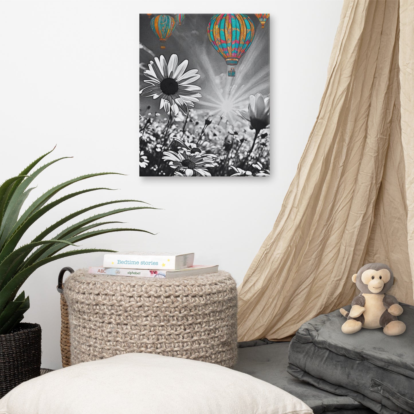 Hot Air Balloon Daisy Field Canvas Art - Black and White with Color Pop