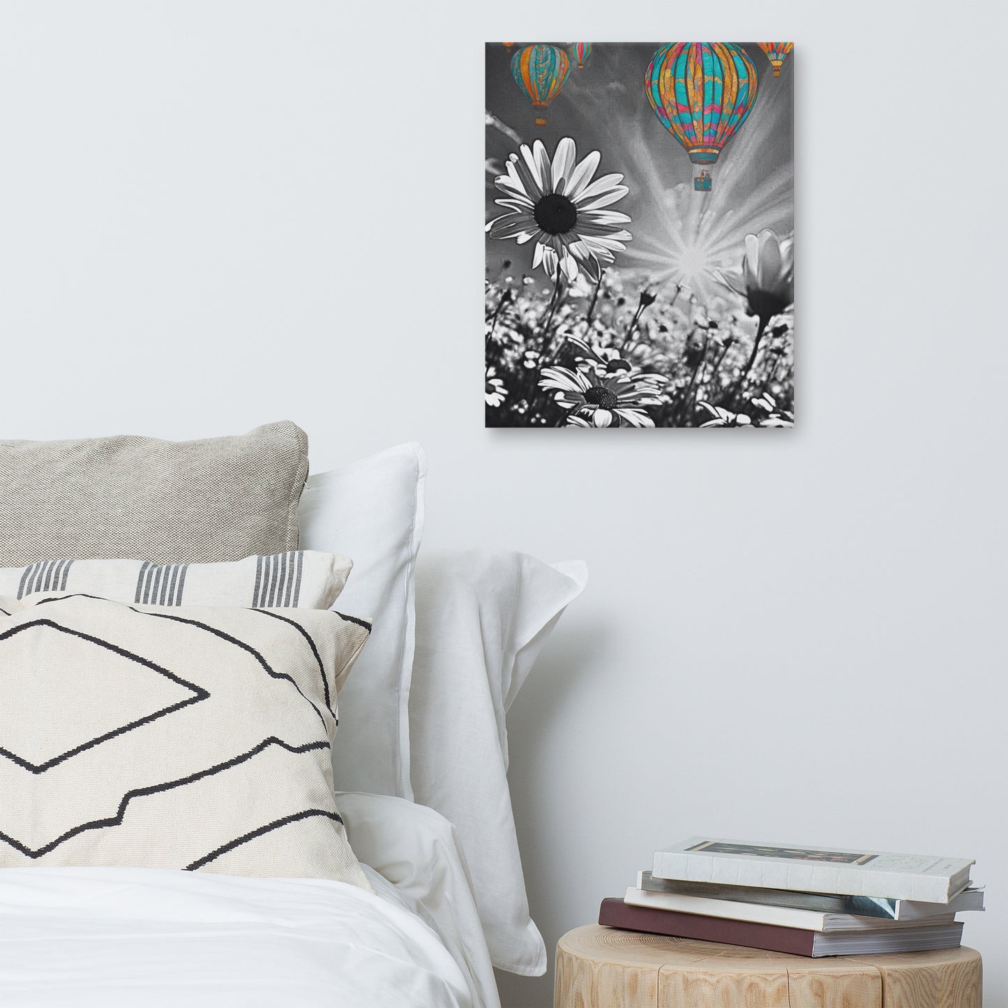 Hot Air Balloon Daisy Field Canvas Art - Black and White with Color Pop