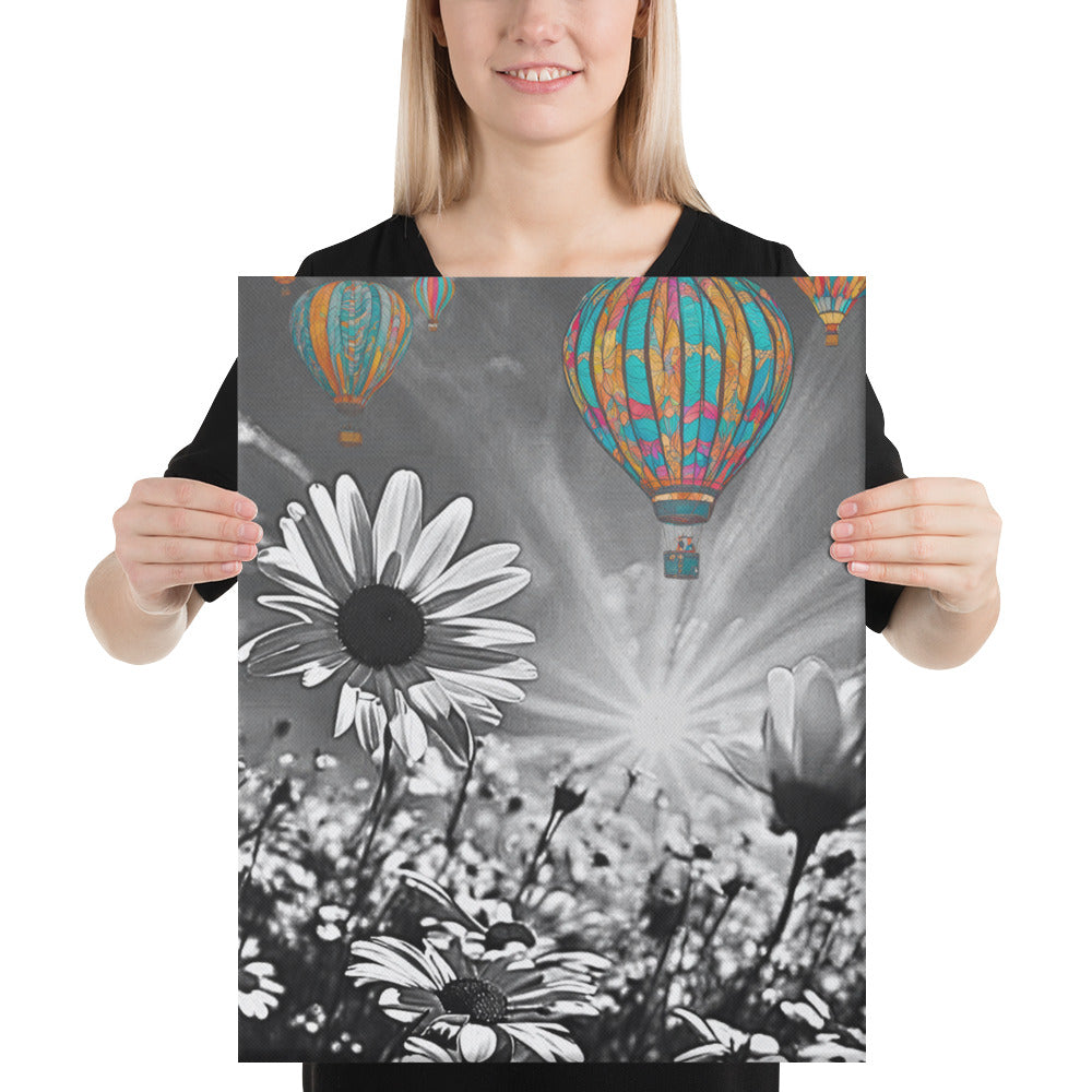 Hot Air Balloon Daisy Field Canvas Art - Black and White with Color Pop