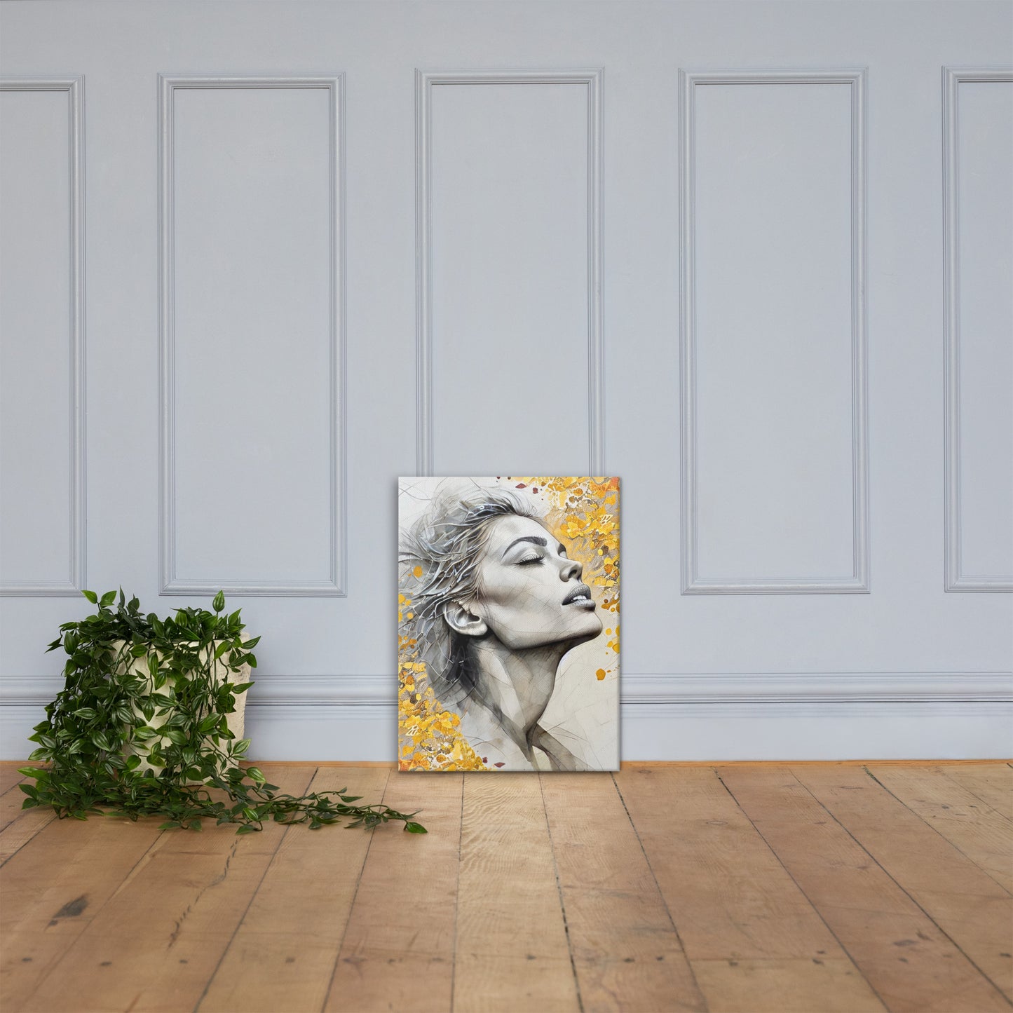 Golden Elegance Canvas Wall Art - Modern Portrait with Abstract Gold Accents