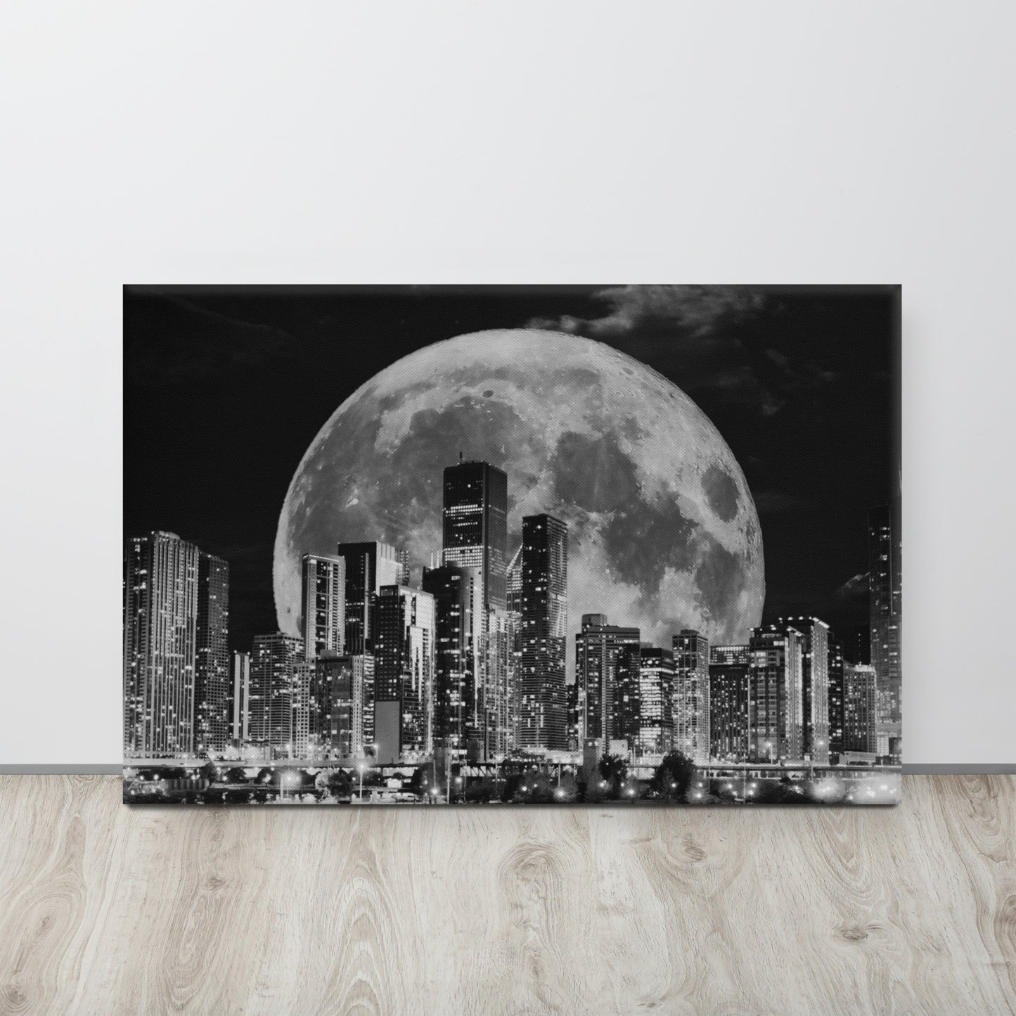 Cityscape Moonlight Canvas Art - Black and White Skyline