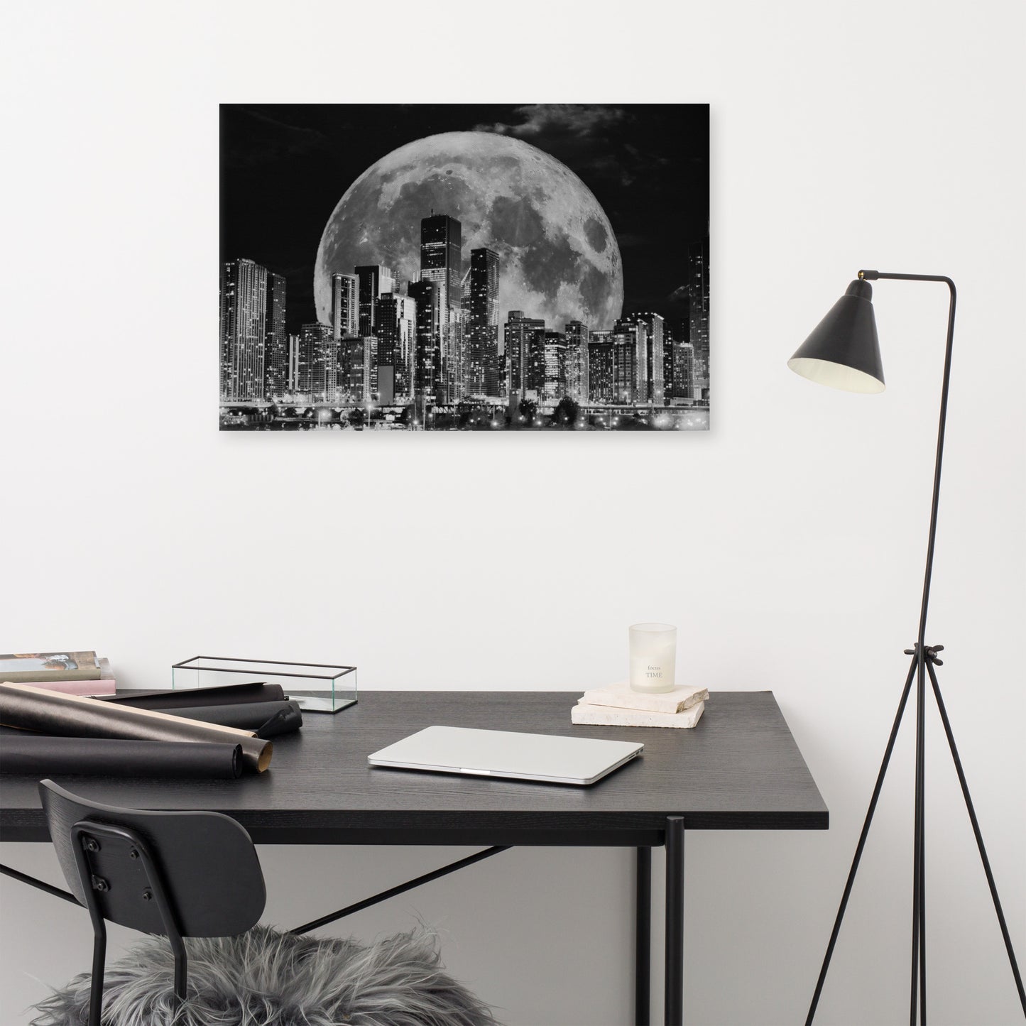 Cityscape Moonlight Canvas Art - Black and White Skyline