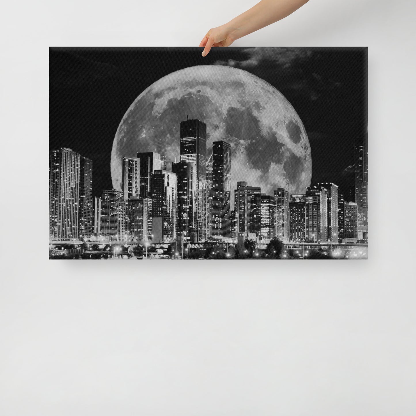 Cityscape Moonlight Canvas Art - Black and White Skyline