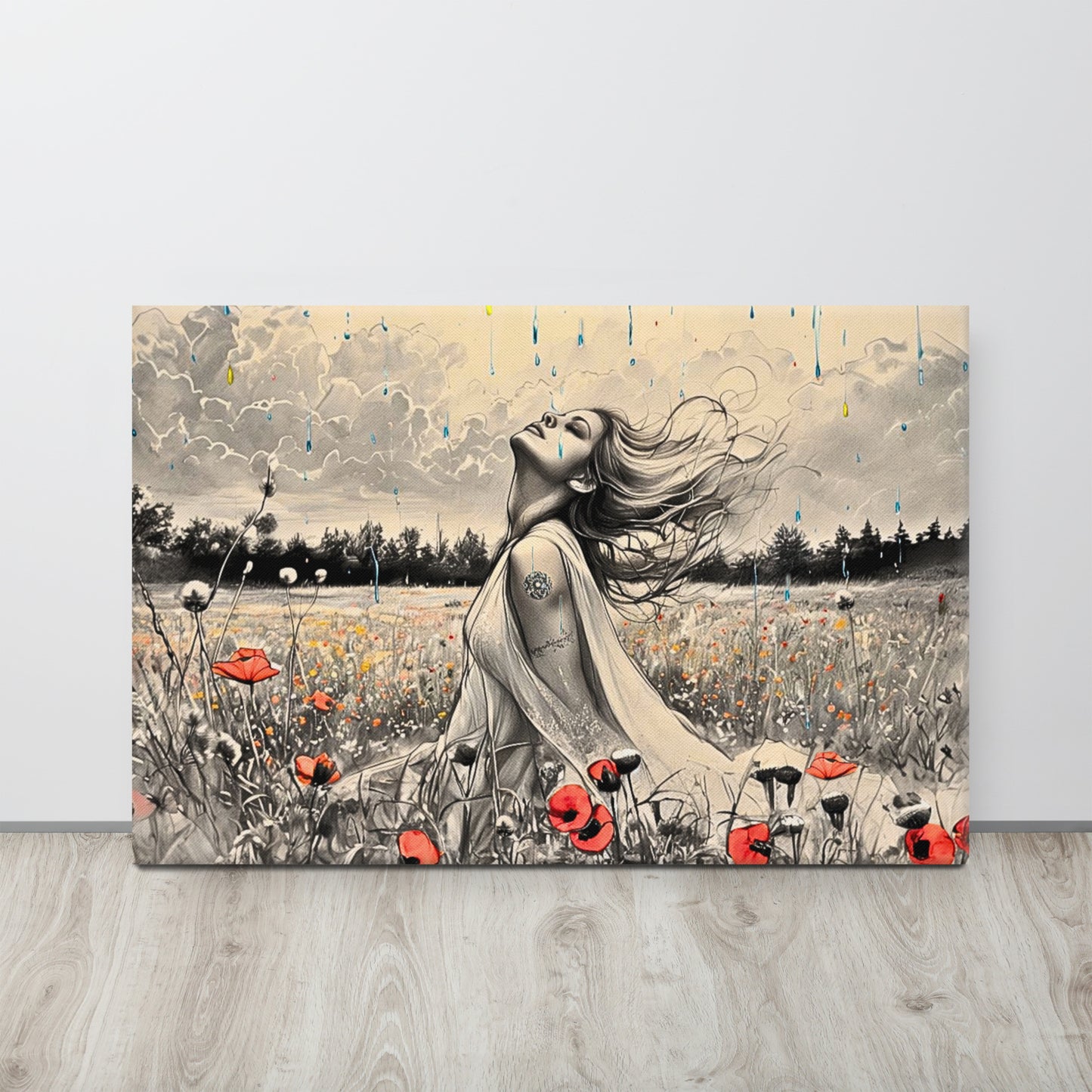 Freedom in the Rain Canvas Art - Woman in Poppy Field