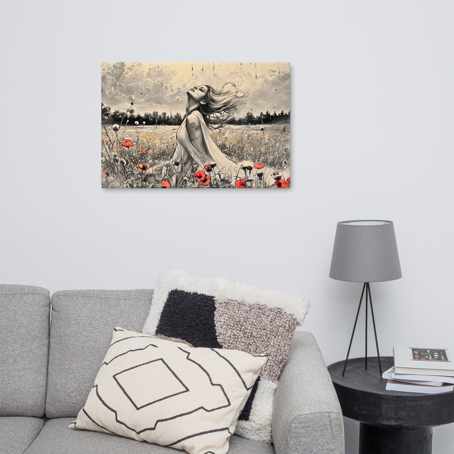 Freedom in the Rain Canvas Art - Woman in Poppy Field