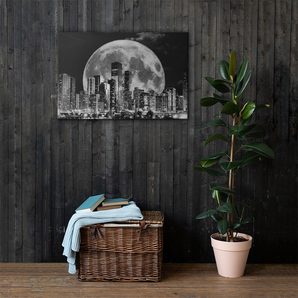 Cityscape Moonlight Canvas Art - Black and White Skyline