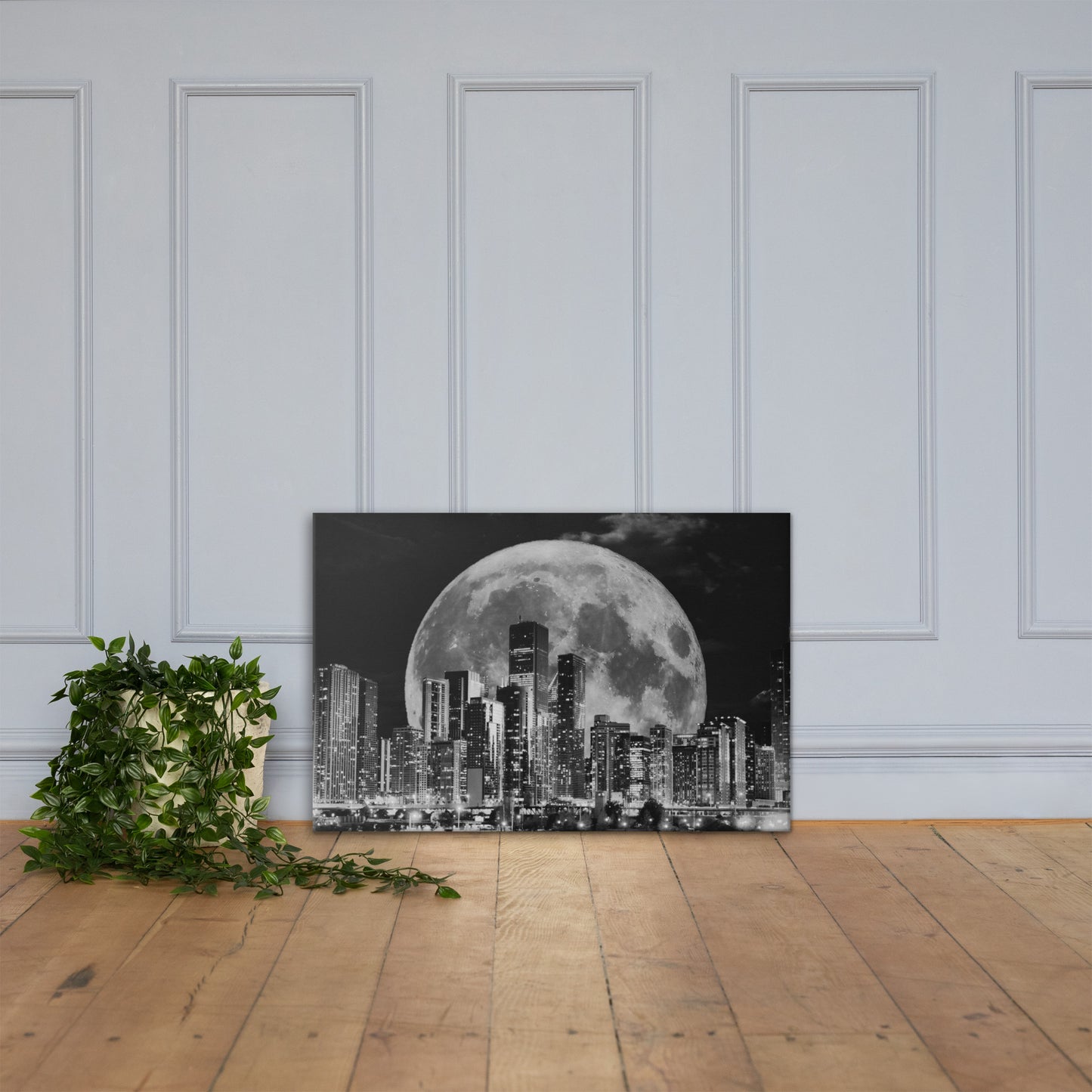 Cityscape Moonlight Canvas Art - Black and White Skyline