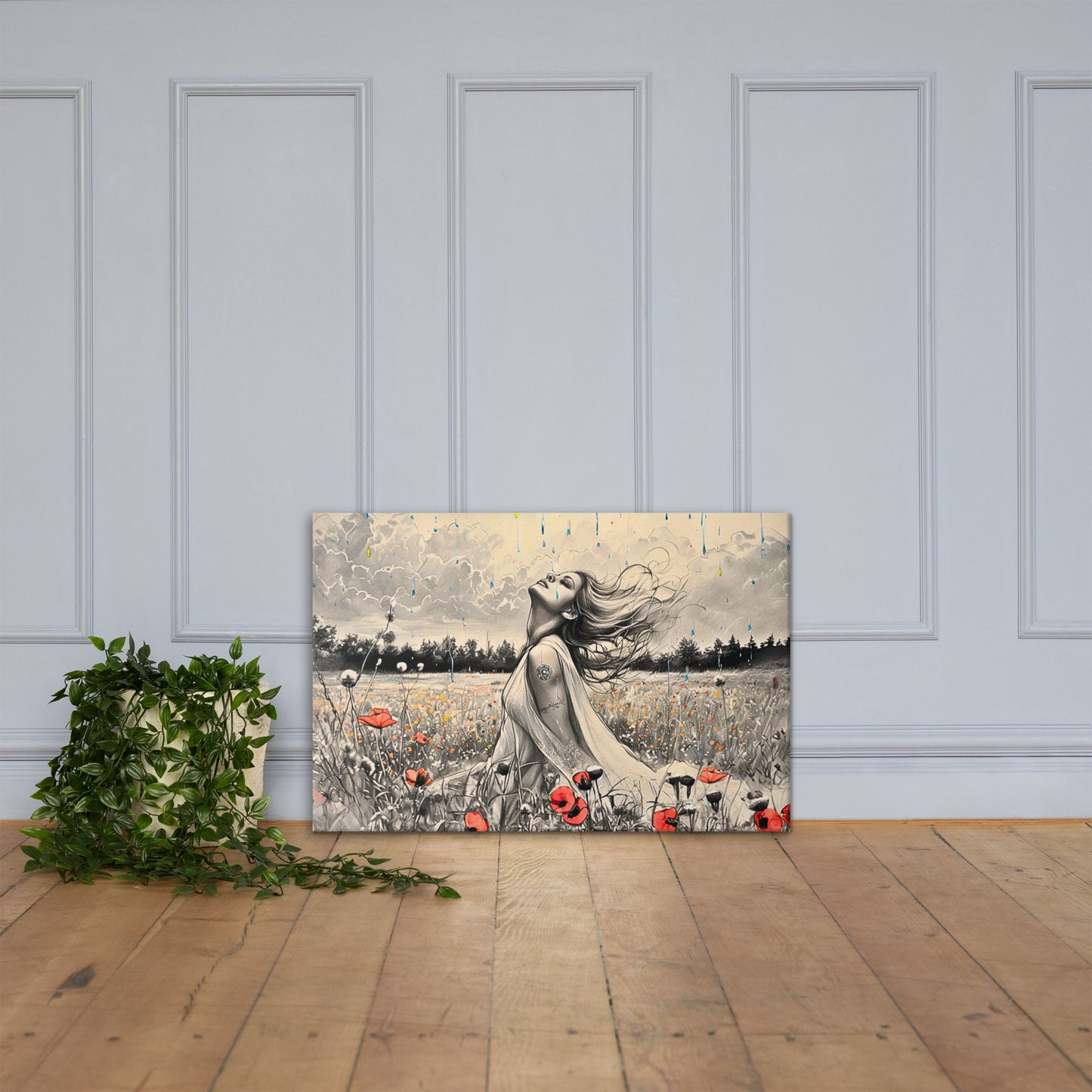 Freedom in the Rain Canvas Art - Woman in Poppy Field