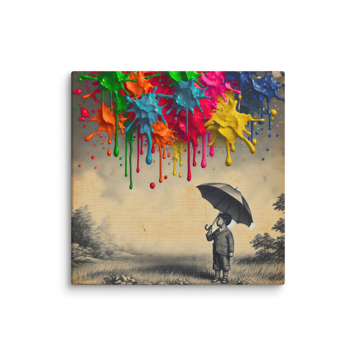 Colorful Imagination Canvas Art - Child with Umbrella and Paint Splashes