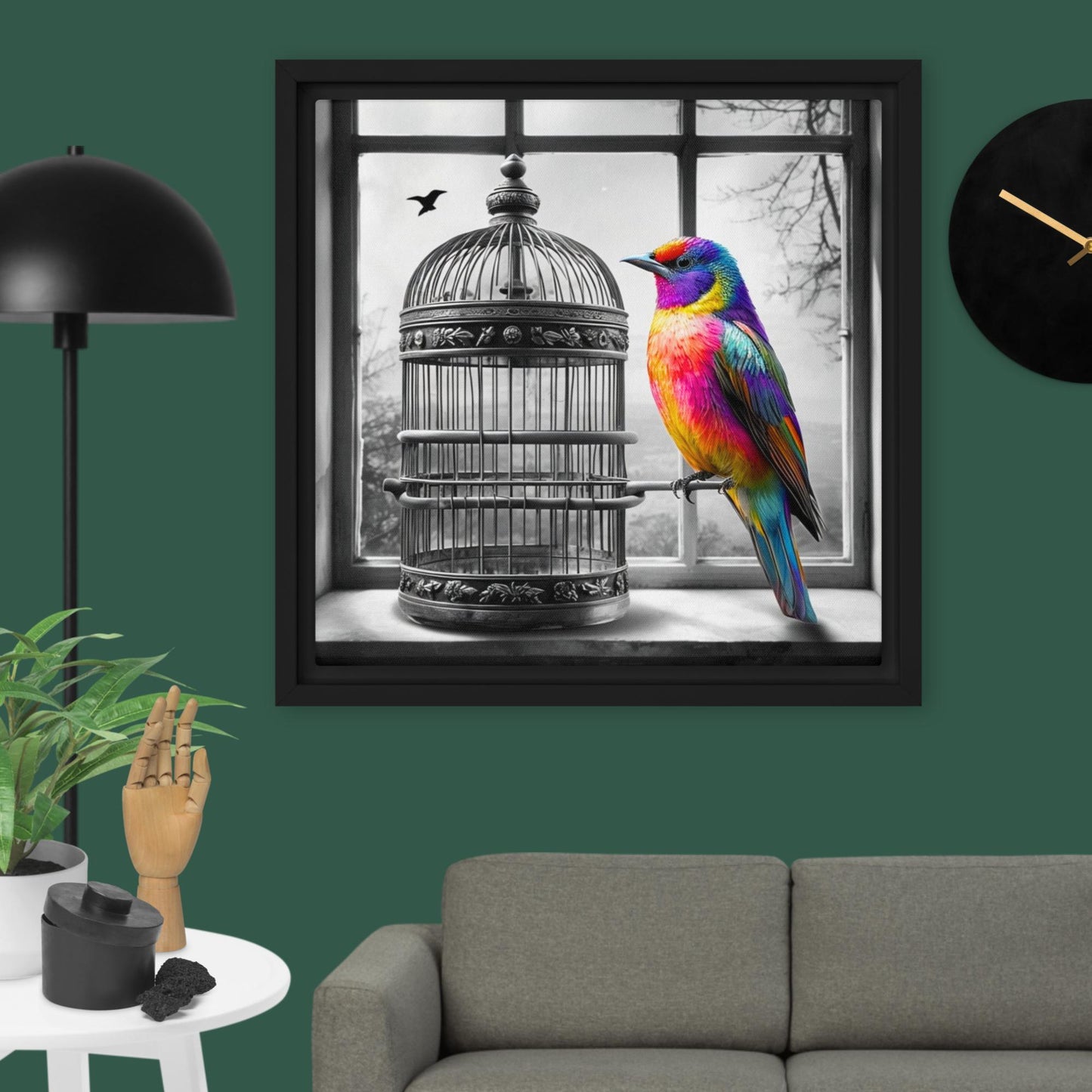 Vivid Freedom: Rainbow Bird and Cage Framed Canvas Wall Art