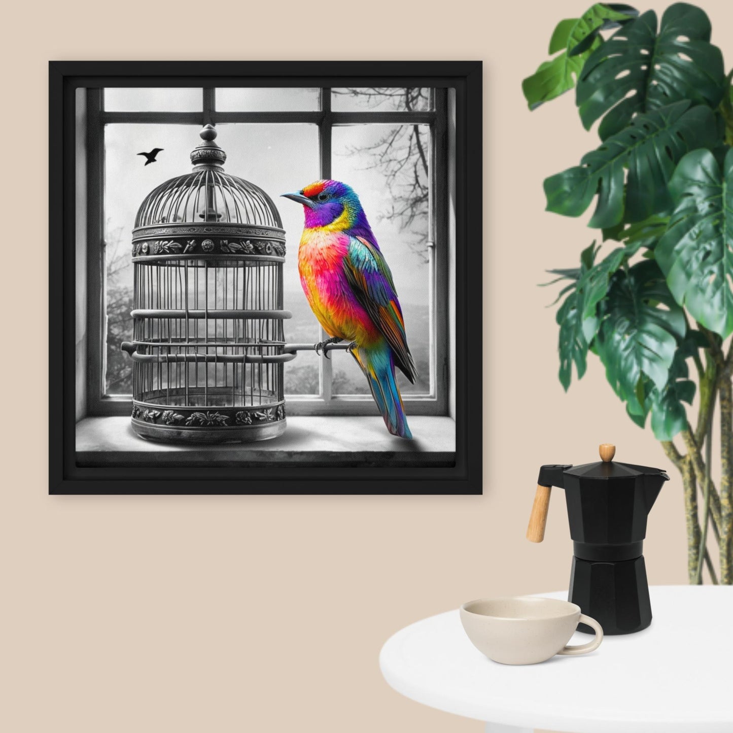 Vivid Freedom: Rainbow Bird and Cage Framed Canvas Wall Art