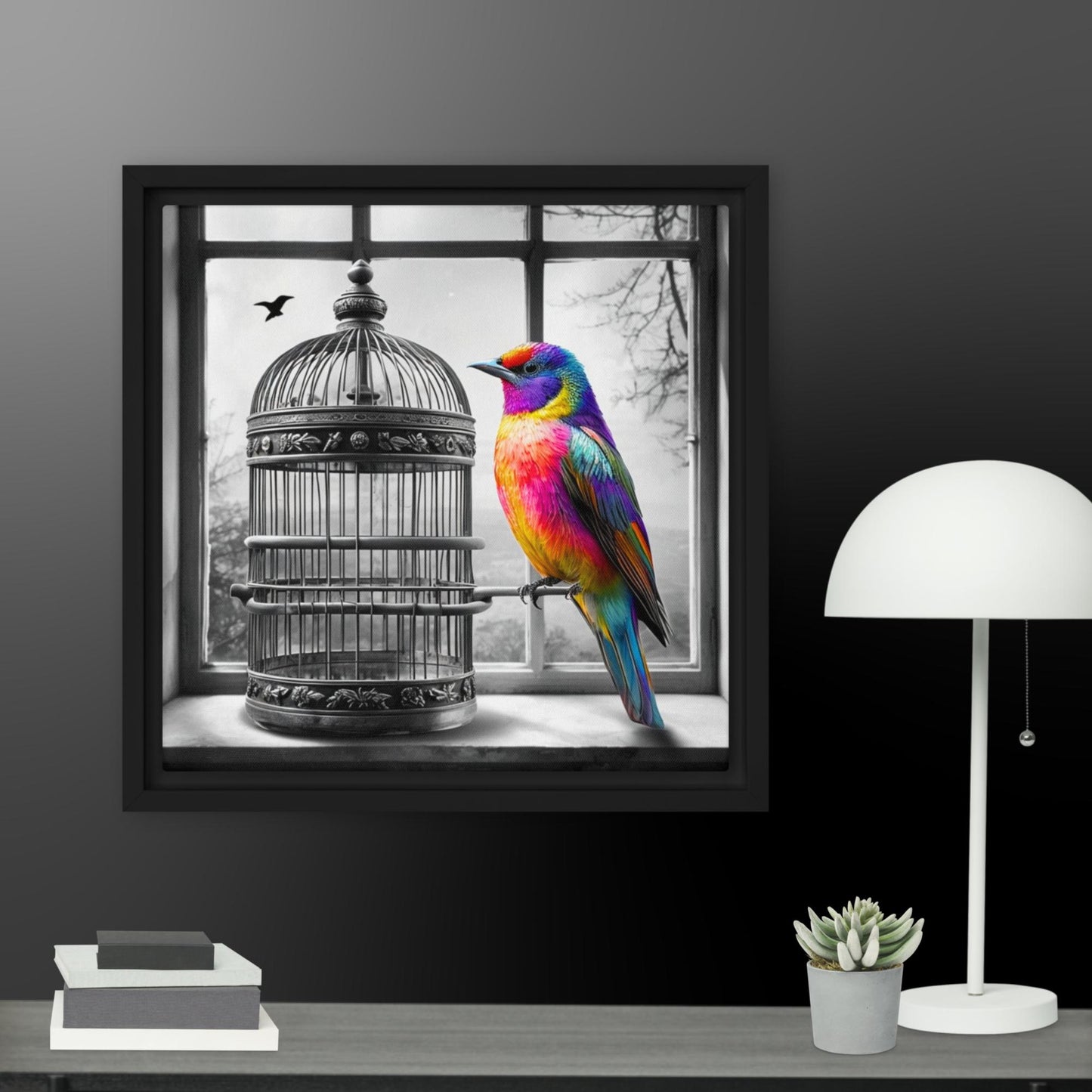 Vivid Freedom: Rainbow Bird and Cage Framed Canvas Wall Art