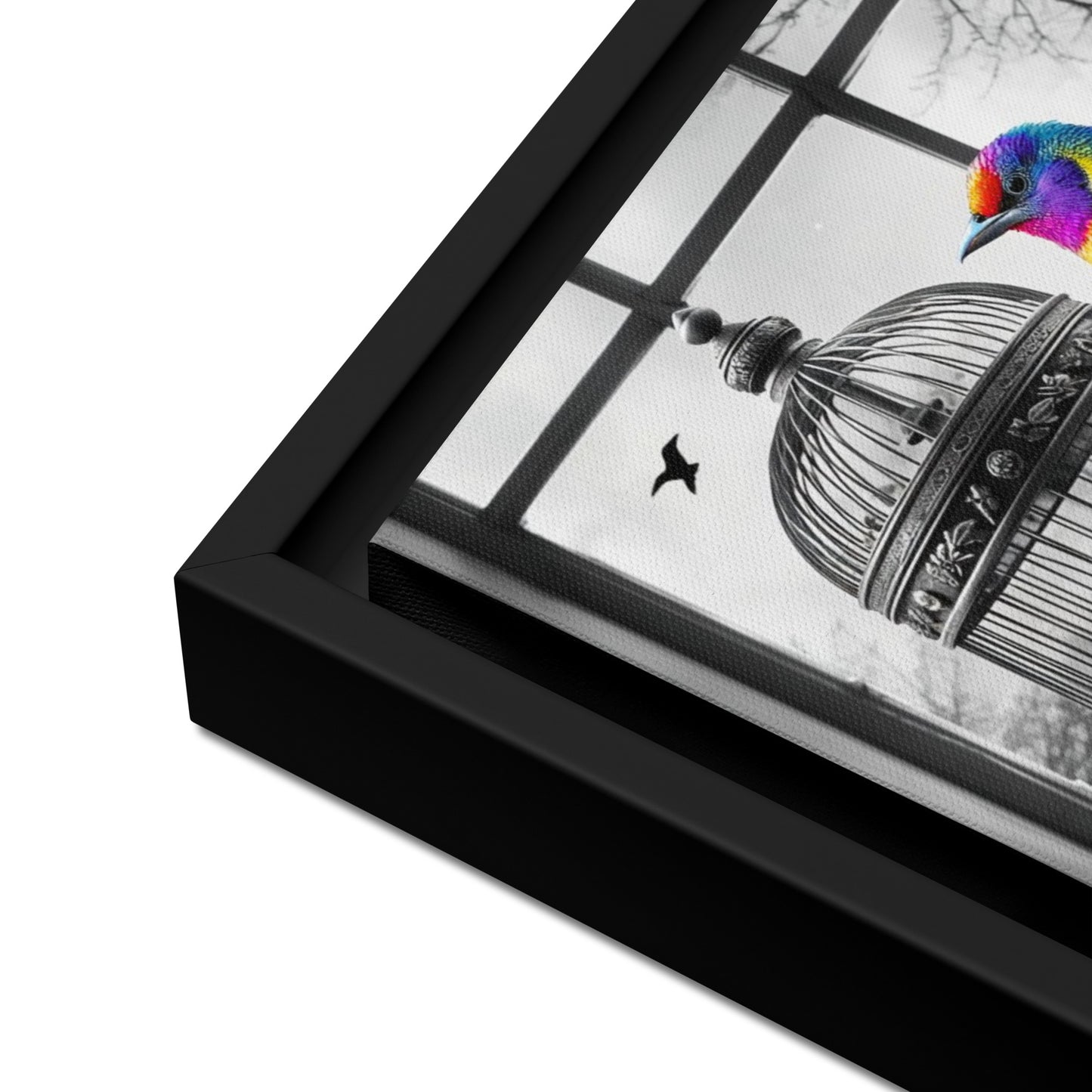 Vivid Freedom: Rainbow Bird and Cage Framed Canvas Wall Art