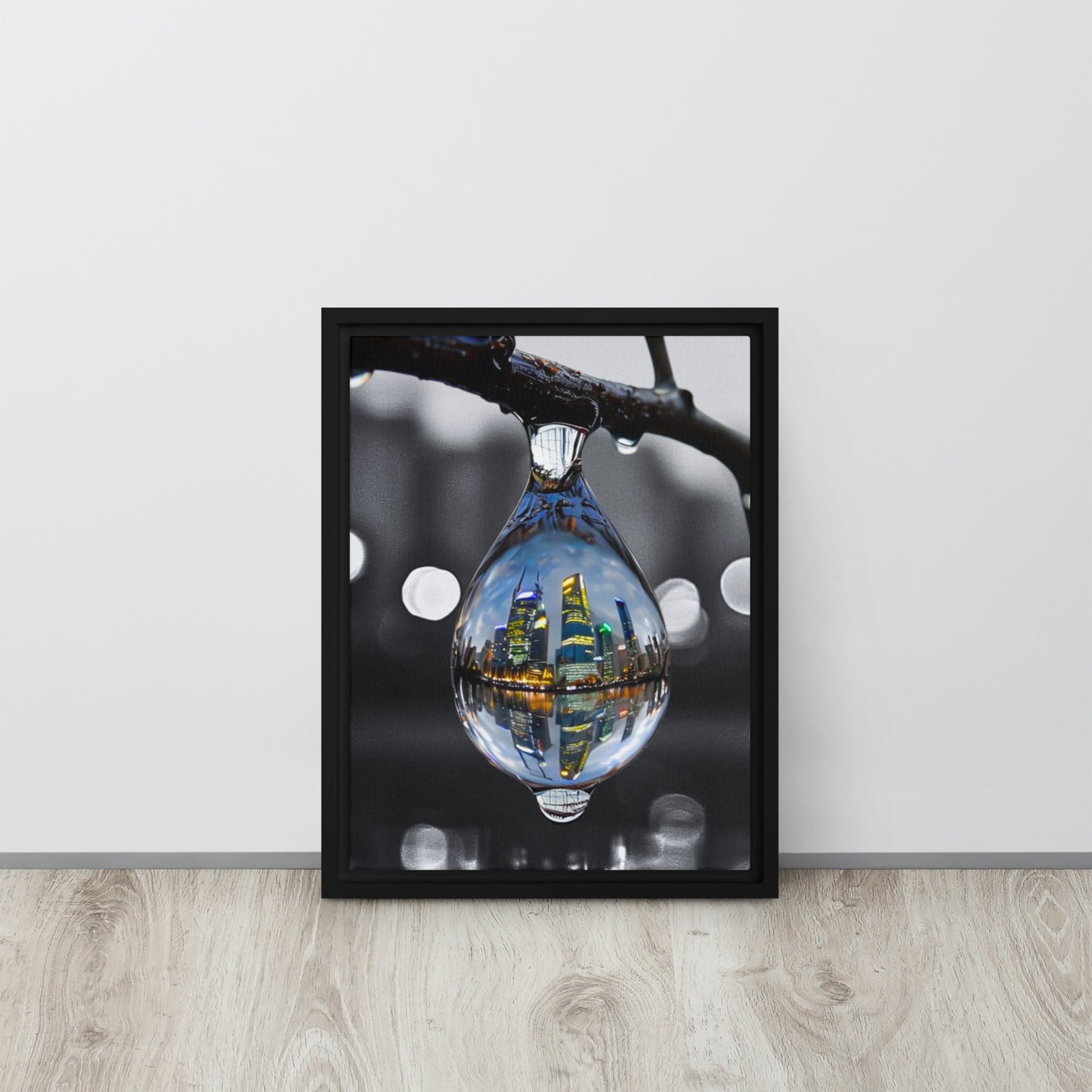 Cityscape in a Drop Framed Canvas Art - Nature Photography Print