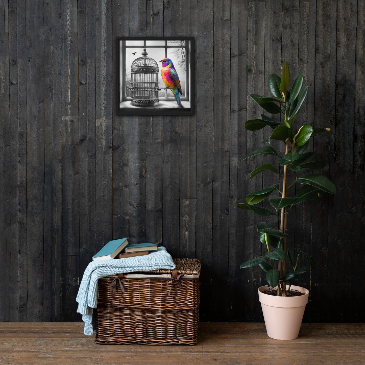 Vivid Freedom: Rainbow Bird and Cage Framed Canvas Wall Art