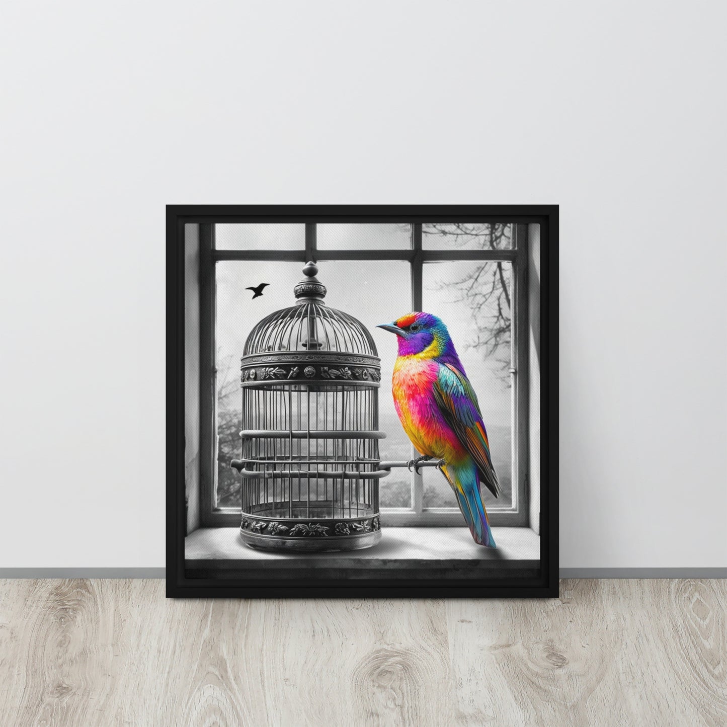 Vivid Freedom: Rainbow Bird and Cage Framed Canvas Wall Art