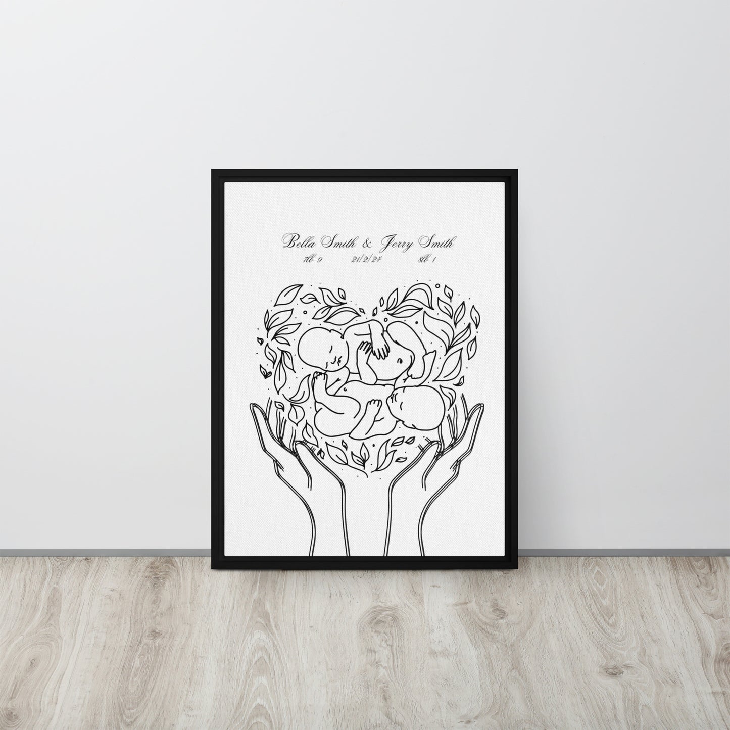 Personalized Twins Canvas Art - Custom Line Art Print with Names and Birth Details