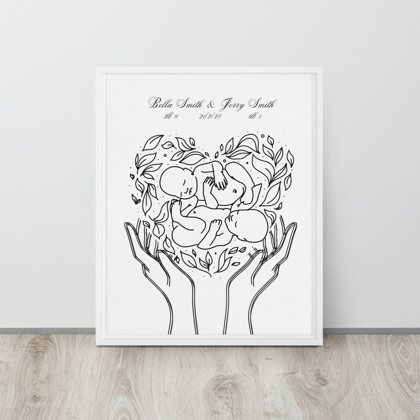 Personalized Twins Canvas Art - Custom Line Art Print with Names and Birth Details