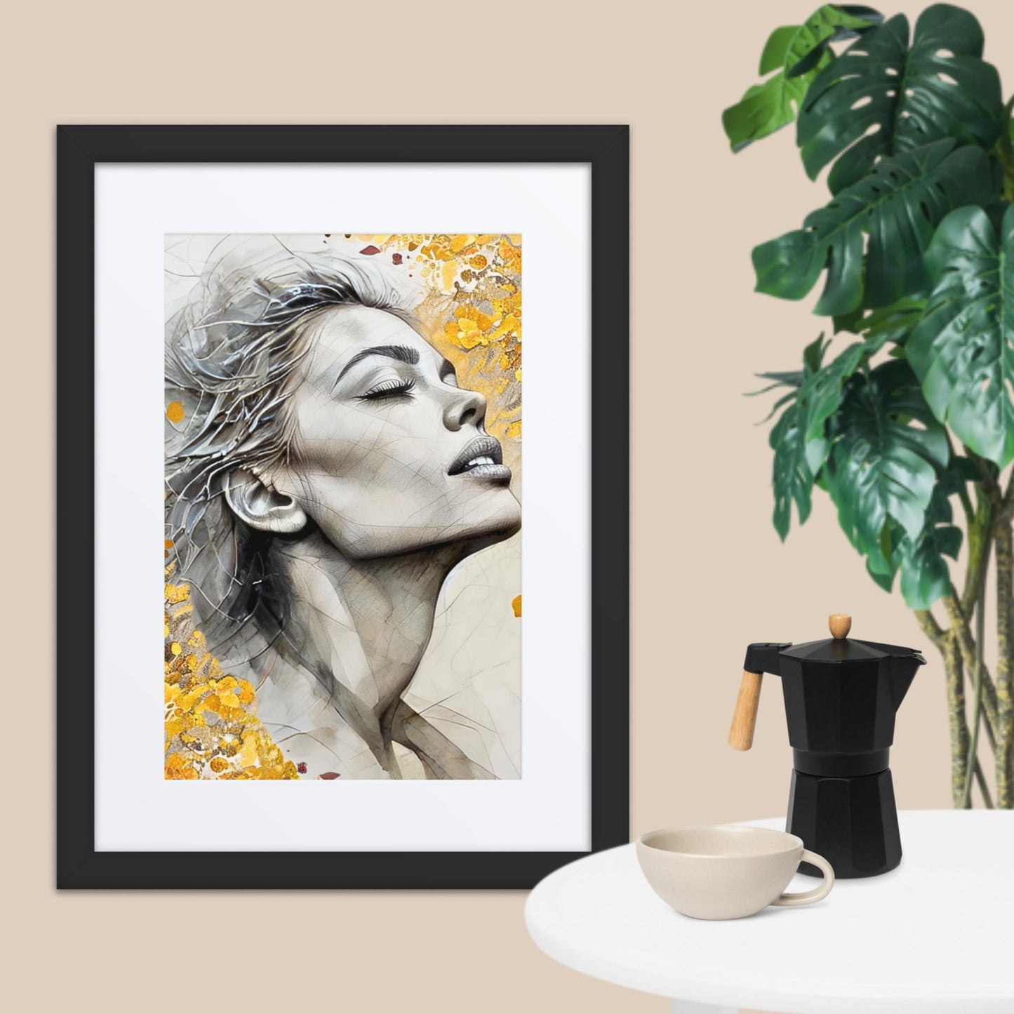 Framed Modern Portrait Wall Art – Woman in Gold Abstract Design