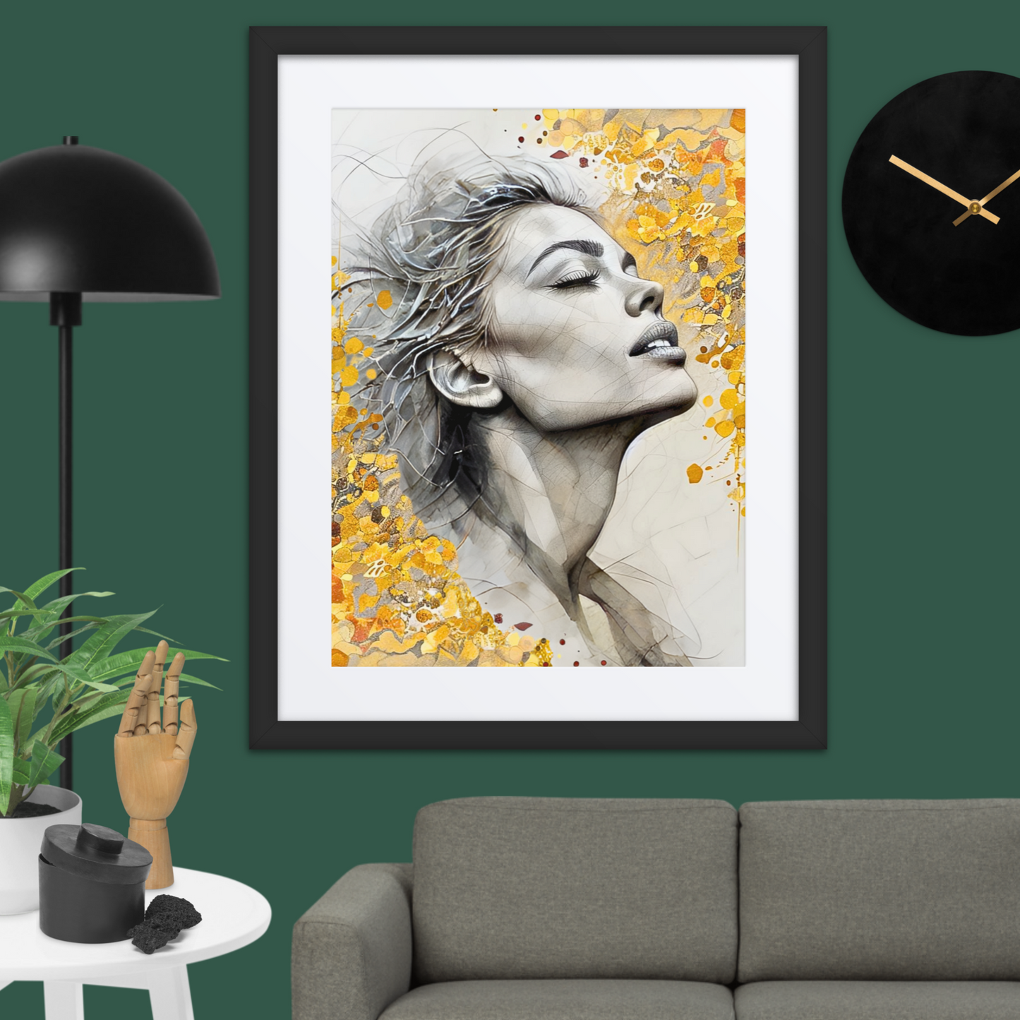 Framed Modern Portrait Wall Art – Woman in Gold Abstract Design