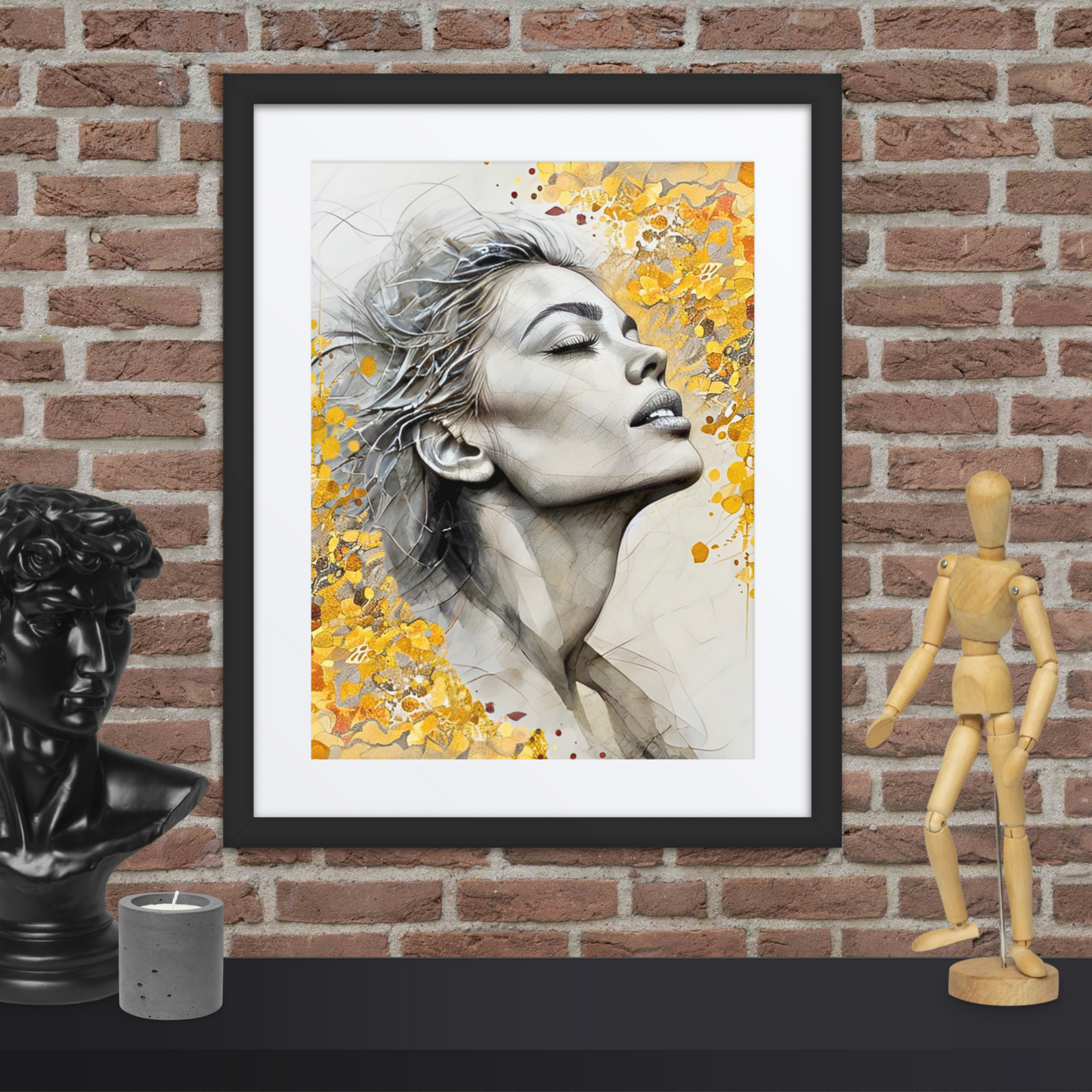 Framed Modern Portrait Wall Art – Woman in Gold Abstract Design