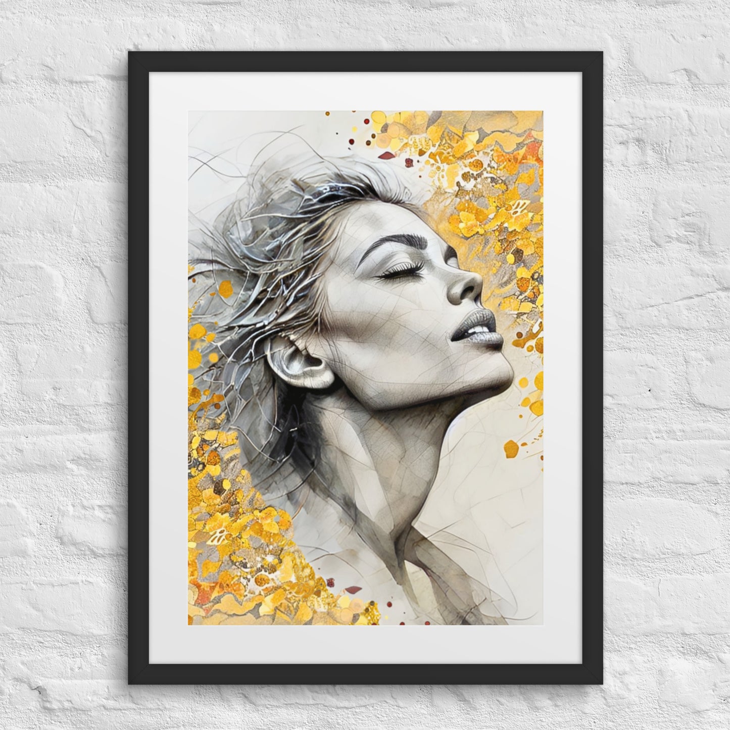 Framed Modern Portrait Wall Art – Woman in Gold Abstract Design