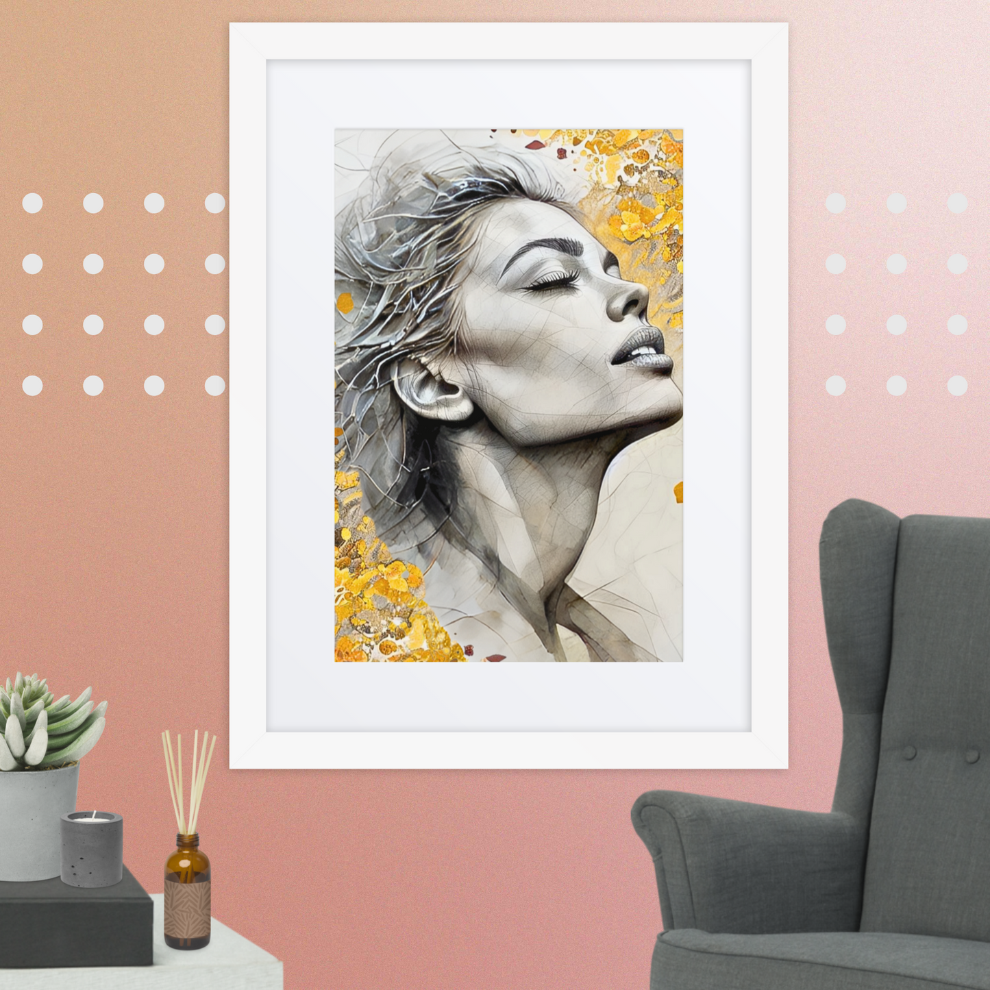 Framed Modern Portrait Wall Art – Woman in Gold Abstract Design