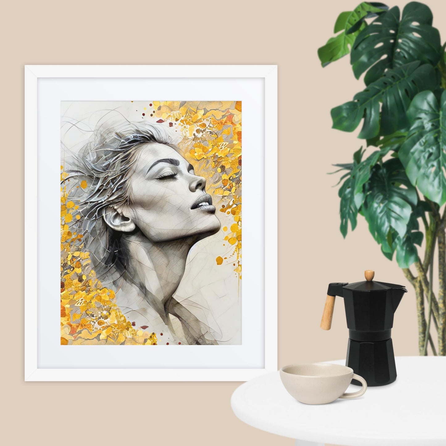 Framed Modern Portrait Wall Art – Woman in Gold Abstract Design