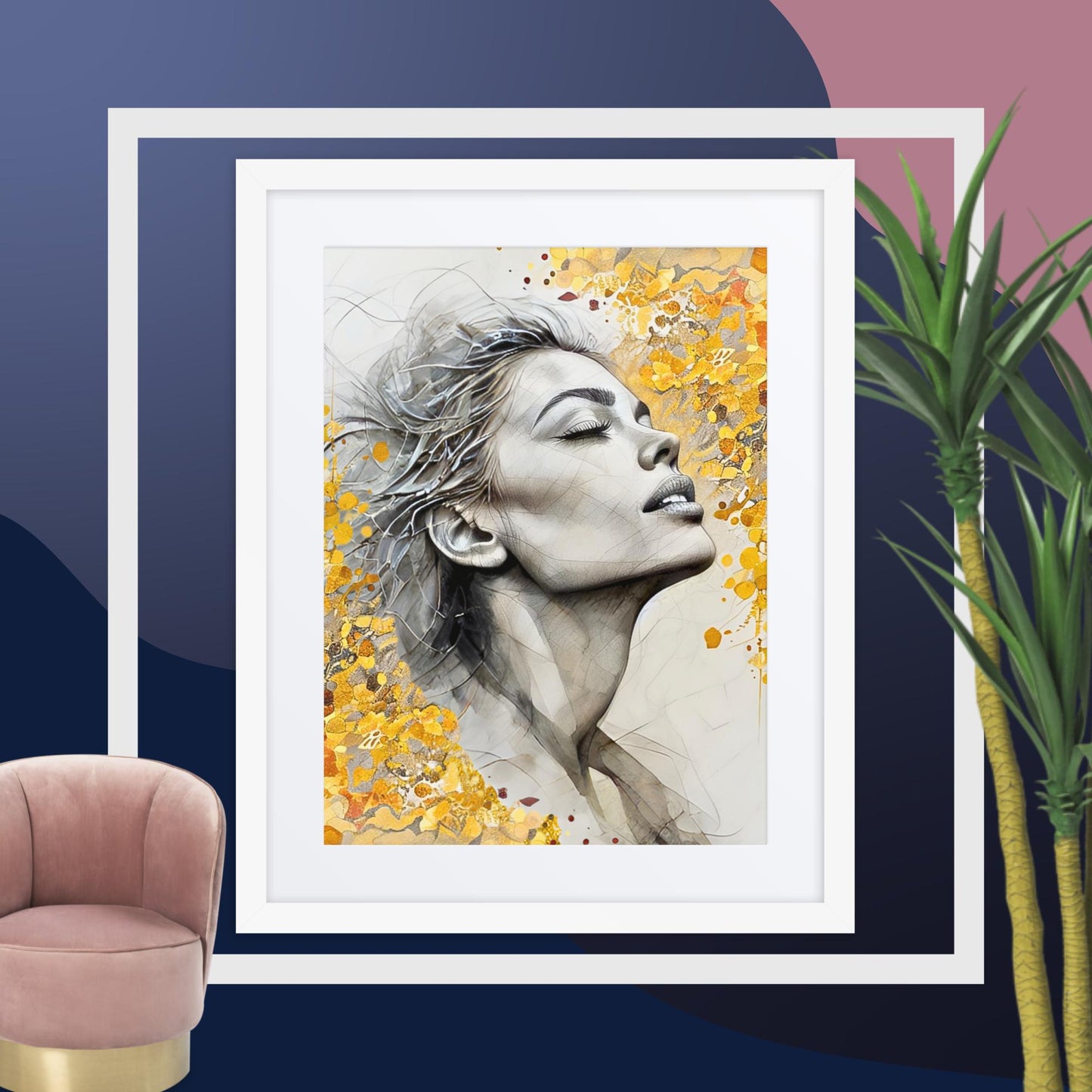 Framed Modern Portrait Wall Art – Woman in Gold Abstract Design